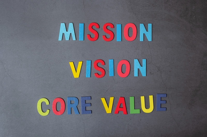 A chalkboard displaying the words "mission," "vision," and "core value" to display company values